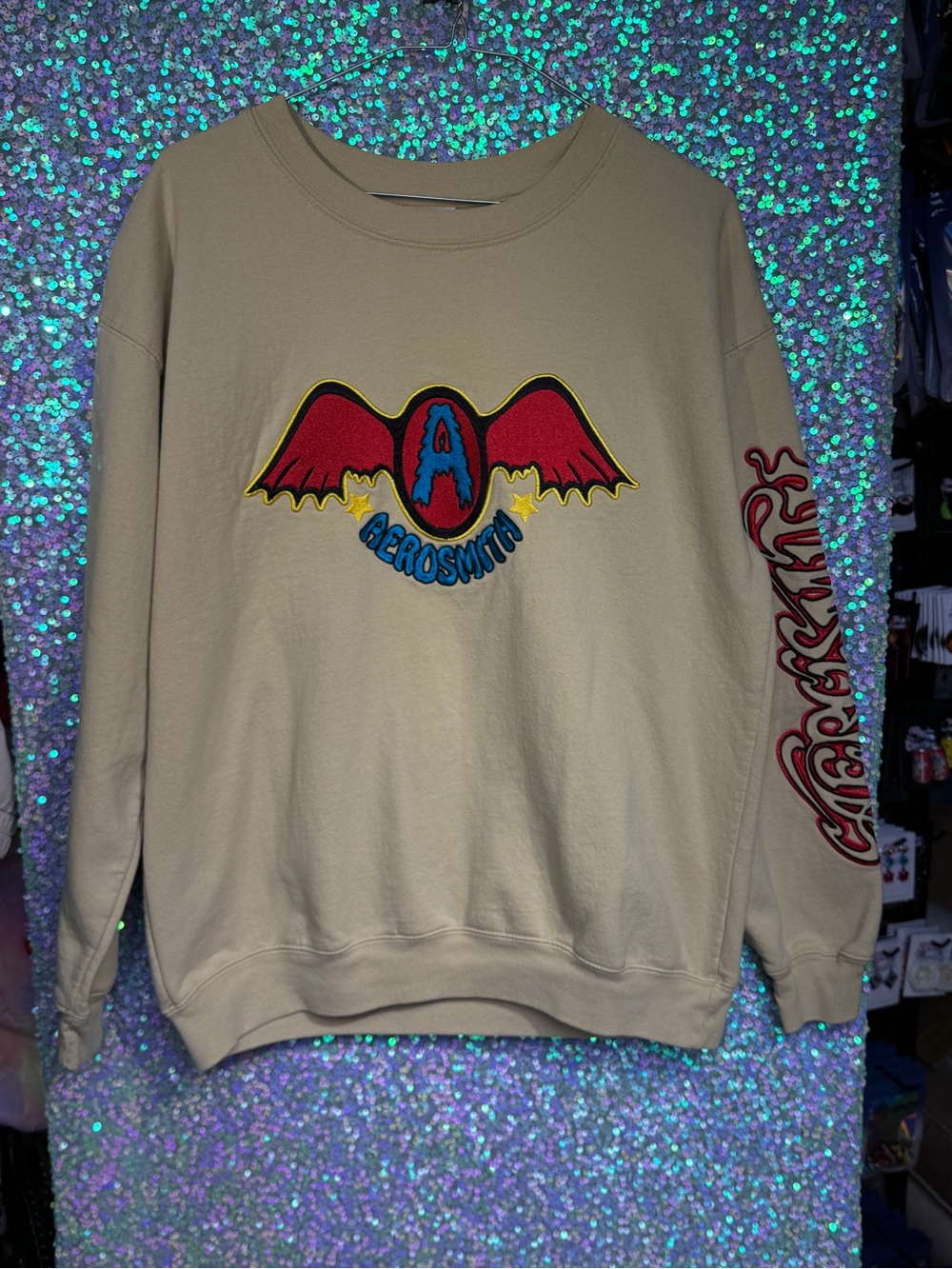 Aerosmith Beige Red Blue Yellow Embroidered Logo Crewneck Sweatshirt